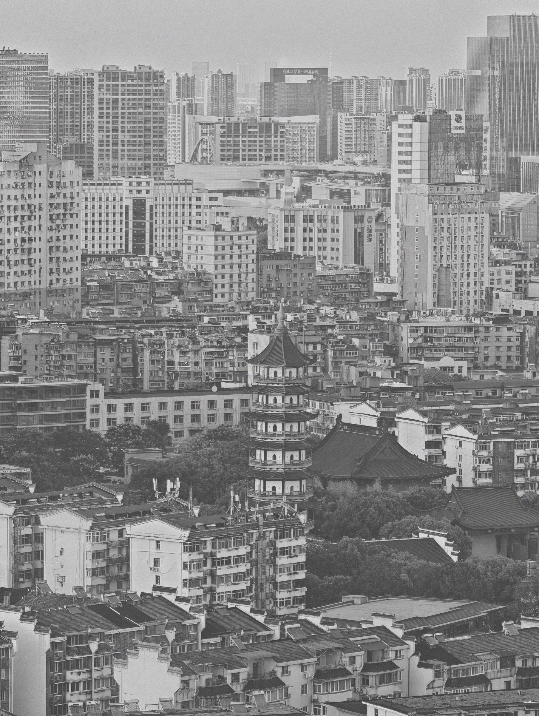 Black and white dense cityscape with a pagoda
